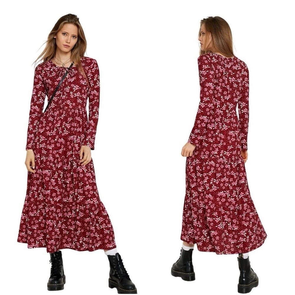 Free People XS Tiers of Joy Long Sleeve Prairie Midi Dress Boho Peasant Ae3